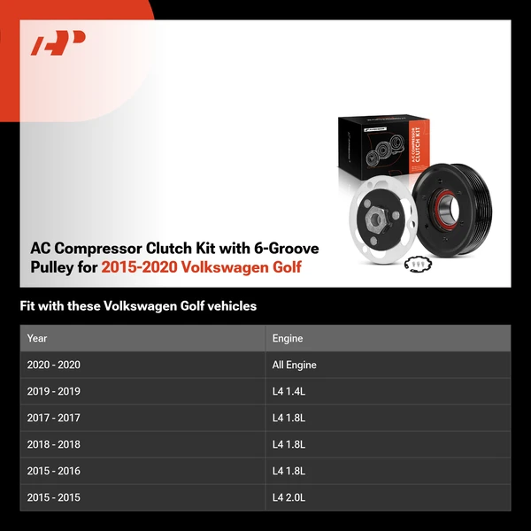 AC Compressor Clutch Kit with 6-Groove Pulley for 2015-2020 Volkswagen Golf