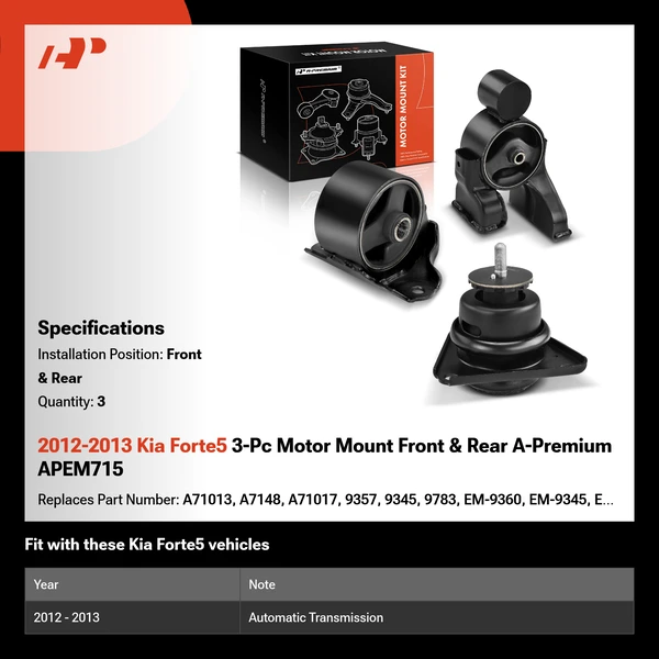 2012-2013 Kia Forte5 3-Pc Motor Mount Front & Rear A-Premium APEM715