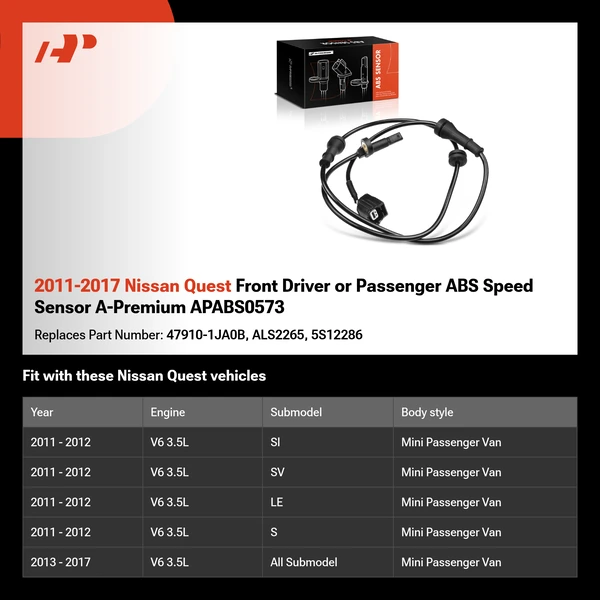 2011-2017 Nissan Quest Front Driver or Passenger ABS Speed Sensor A-Premium APABS0573