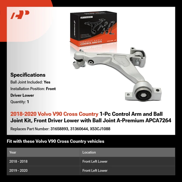 2018-2020 Volvo V90 Cross Country 1-Pc Control Arm and Ball Joint Kit, Front Driver Lower with Ball Joint A-Premium APCA7264