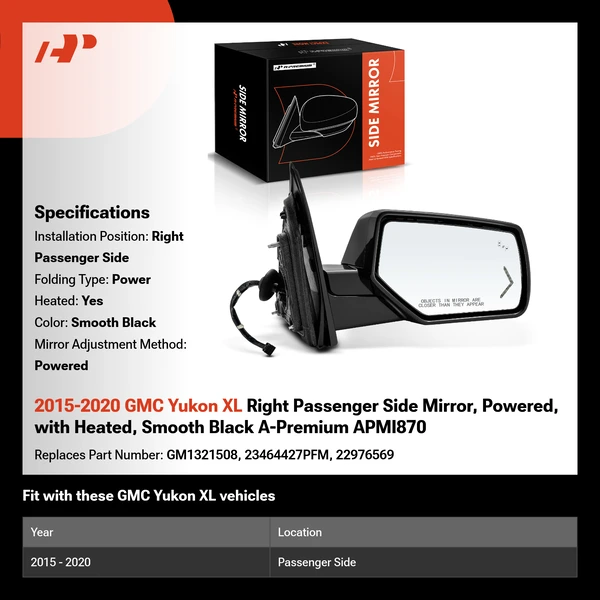 2015-2020 GMC Yukon XL Right Passenger Side Mirror, Powered, with Heated, Smooth Black A-Premium APMI870