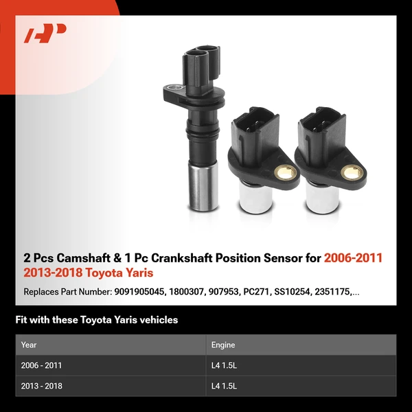 2 Pcs Camshaft & 1 Pc Crankshaft Position Sensor for 2006-2011 2013-2018 Toyota Yaris