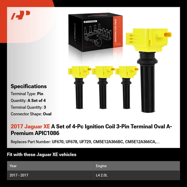 2017 Jaguar XE A Set of 4-Pc Ignition Coil 3-Pin Terminal Oval A-Premium APIC1086