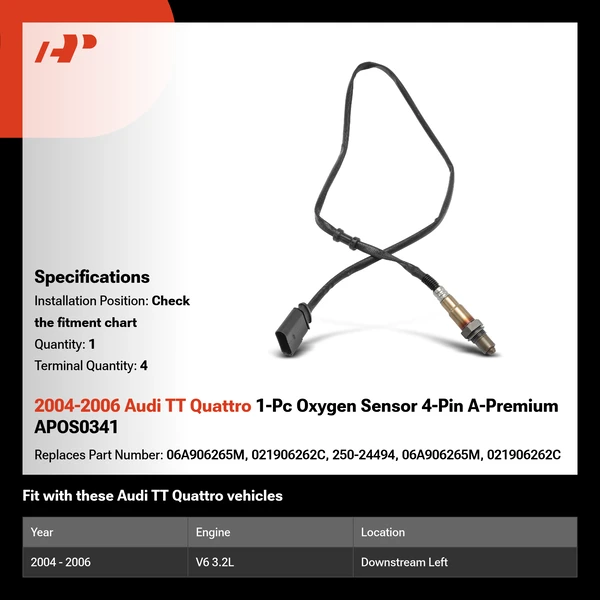 2004-2006 Audi TT Quattro 1-Pc Oxygen Sensor 4-Pin A-Premium APOS0341
