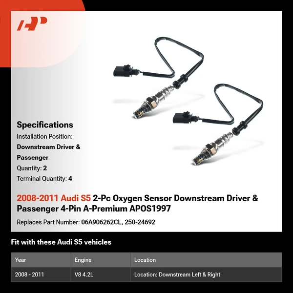 2008-2011 Audi S5 2-Pc Oxygen Sensor Downstream Driver & Passenger 4-Pin A-Premium APOS1997