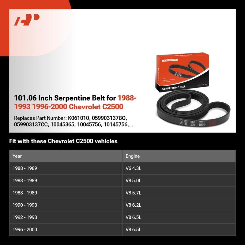 101.06 Inch Serpentine Belt for 1988-1993 1996-2000 Chevrolet C2500