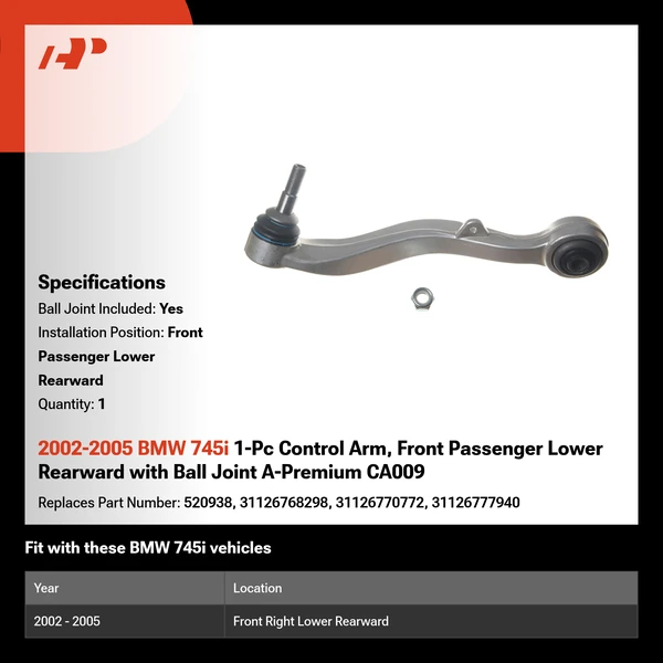 2002-2005 BMW 745i 1-Pc Control Arm, Front Passenger Lower Rearward with Ball Joint A-Premium CA009