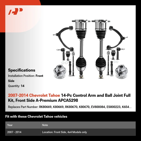 2007-2014 Chevrolet Tahoe 14-Pc Control Arm and Ball Joint Full Kit, Front Side A-Premium APCA5298