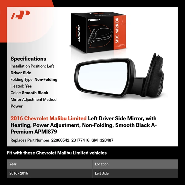2016 Chevrolet Malibu Limited Left Driver Side Mirror, with Heating, Power Adjustment, Non-Folding, Smooth Black A-Premium APMI879