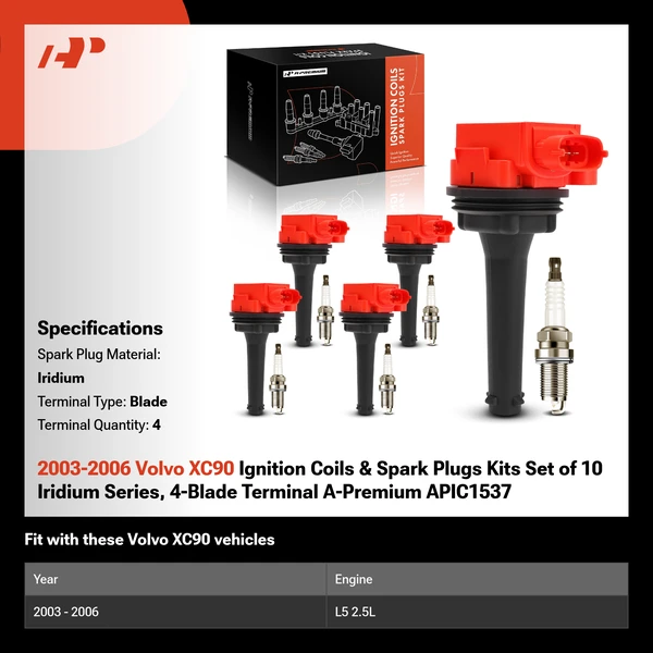 2003-2006 Volvo XC90 Ignition Coils & Spark Plugs Kits Set of 10 Iridium Series, 4-Blade Terminal A-Premium APIC1537