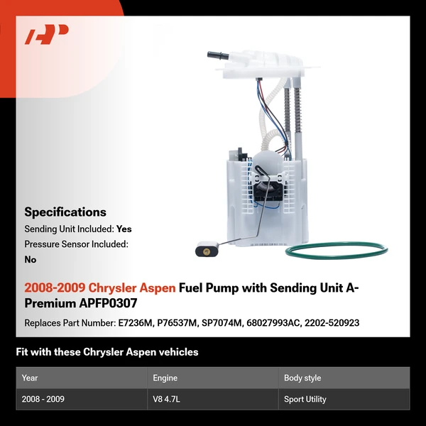 2008-2009 Chrysler Aspen Fuel Pump with Sending Unit A-Premium APFP0307