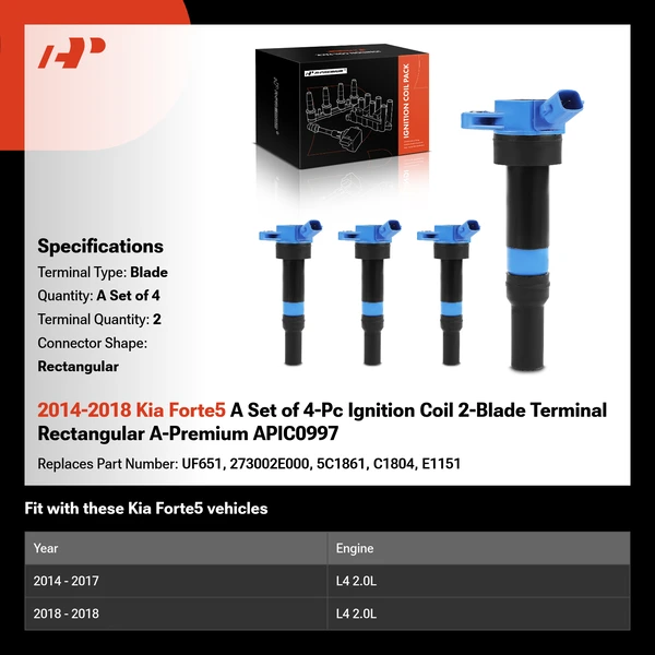 2014-2018 Kia Forte5 A Set of 4-Pc Ignition Coil 2-Blade Terminal Rectangular A-Premium APIC0997