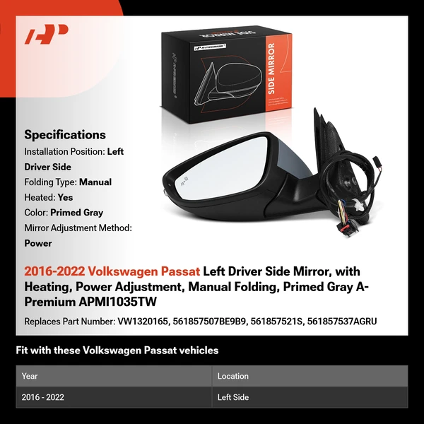 2016-2022 Volkswagen Passat Left Driver Side Mirror, with Heating, Power Adjustment, Manual Folding, Primed Gray A-Premium APMI1035TW