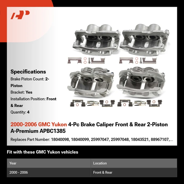 2000-2006 GMC Yukon 4-Pc Brake Caliper Front & Rear 2-Piston A-Premium APBC1385