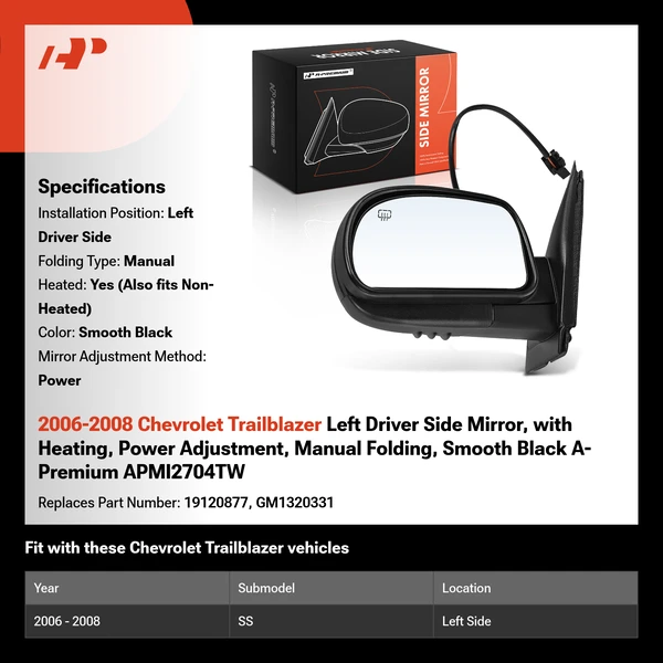 2006-2008 Chevrolet Trailblazer Left Driver Side Mirror, with Heating, Power Adjustment, Manual Folding, Smooth Black A-Premium APMI2704TW