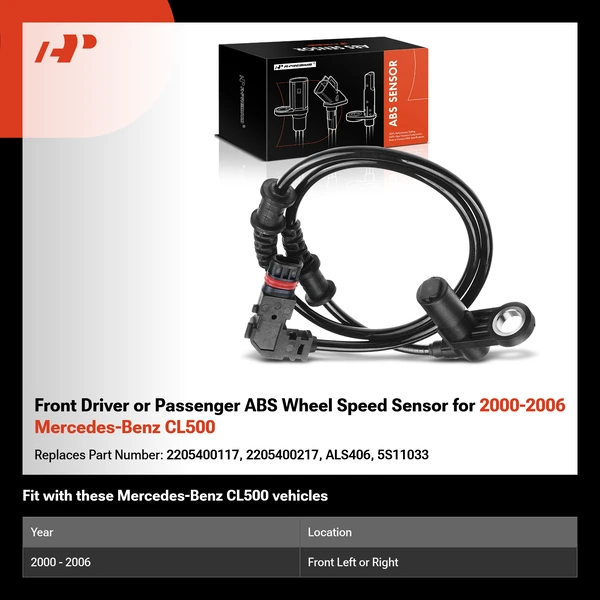 Front Driver or Passenger ABS Wheel Speed Sensor for 2000-2006 Mercedes-Benz CL500