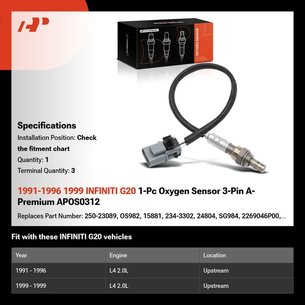 1991-1996 1999 INFINITI G20 1-Pc Oxygen Sensor 3-Pin A-Premium APOS0312