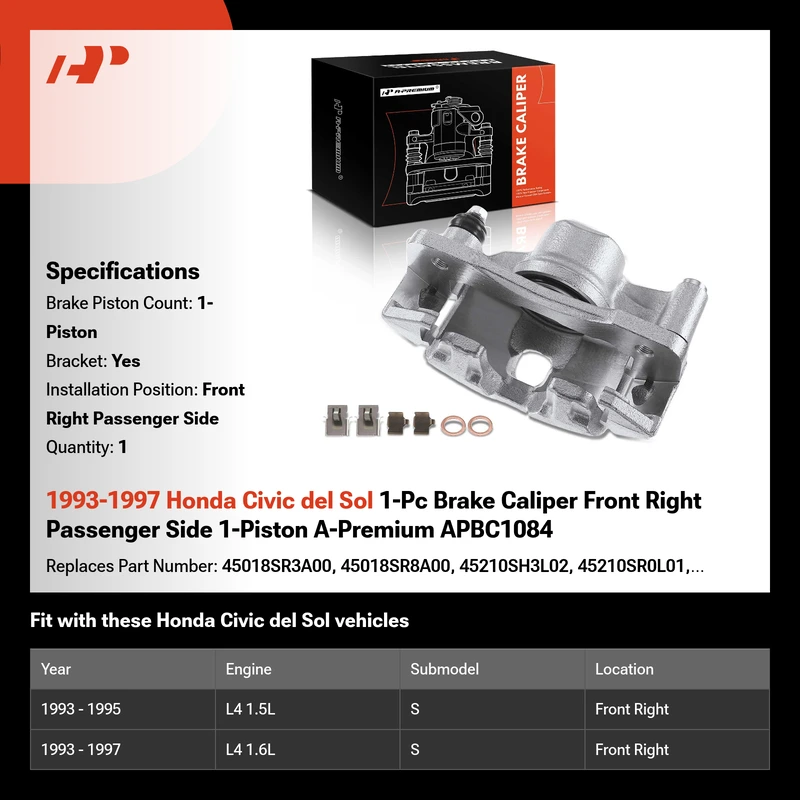 1993-1997 Honda Civic del Sol 1-Pc Brake Caliper Front Right Passenger Side 1-Piston A-Premium APBC1084
