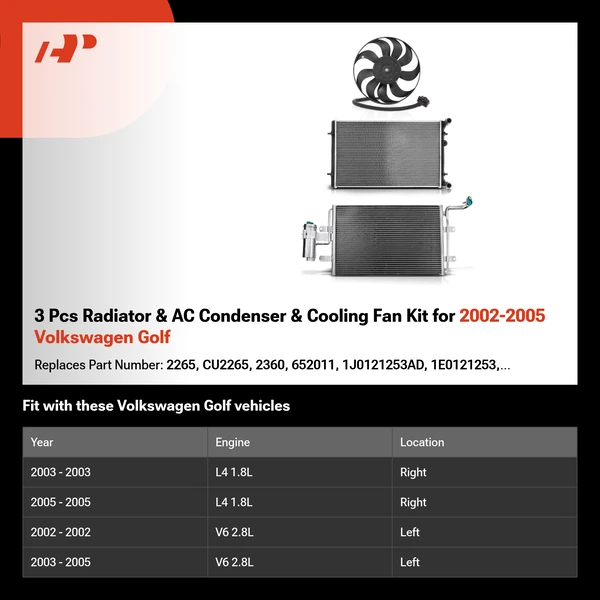 3 Pcs Radiator & AC Condenser & Cooling Fan Kit for 2002-2005 Volkswagen Golf