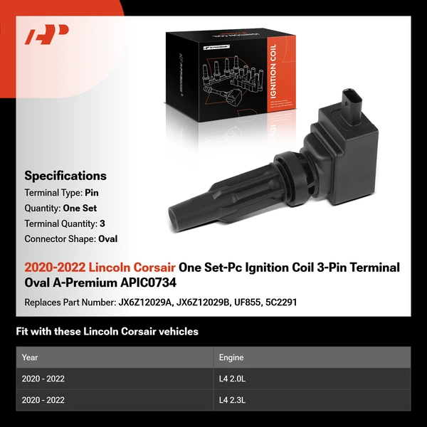 2020-2022 Lincoln Corsair One Set-Pc Ignition Coil 3-Pin Terminal Oval A-Premium APIC0734
