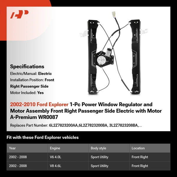 2002-2010 Ford Explorer 1-Pc Power Window Regulator and Motor Assembly Front Right Passenger Side Electric with Motor A-Premium WR0087