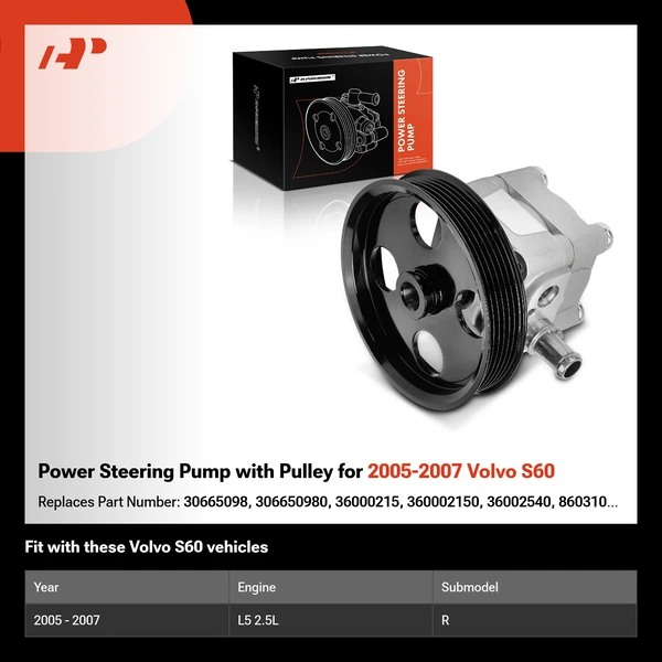 Power Steering Pump with Pulley for 2005-2007 Volvo S60