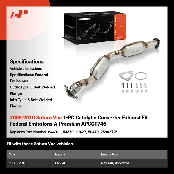 2008-2010 Saturn Vue 1-PC Catalytic Converter Exhaust Fit Federal Emissions A-Premium APCCT746