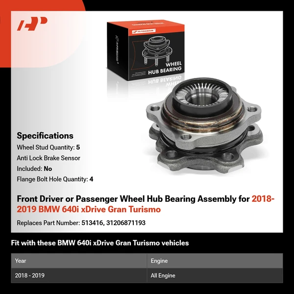 Front Driver or Passenger Wheel Hub Bearing Assembly for 2018-2019 BMW 640i xDrive Gran Turismo