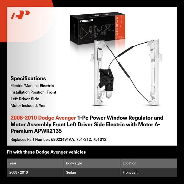 2008-2010 Dodge Avenger 1-Pc Power Window Regulator and Motor Assembly Front Left Driver Side Electric with Motor A-Premium APWR2135