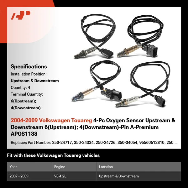 2004-2009 Volkswagen Touareg 4-Pc Oxygen Sensor Upstream & Downstream 6(Upstream); 4(Downstream)-Pin A-Premium APOS1188