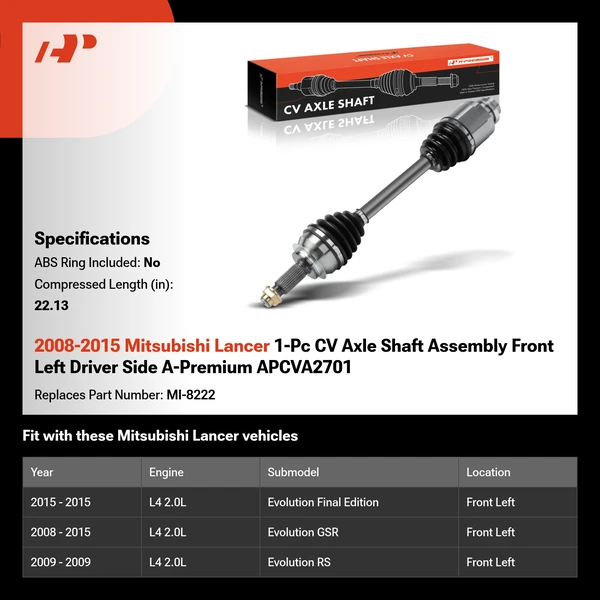 2008-2015 Mitsubishi Lancer 1-Pc CV Axle Shaft Assembly Front Left Driver Side A-Premium APCVA2701