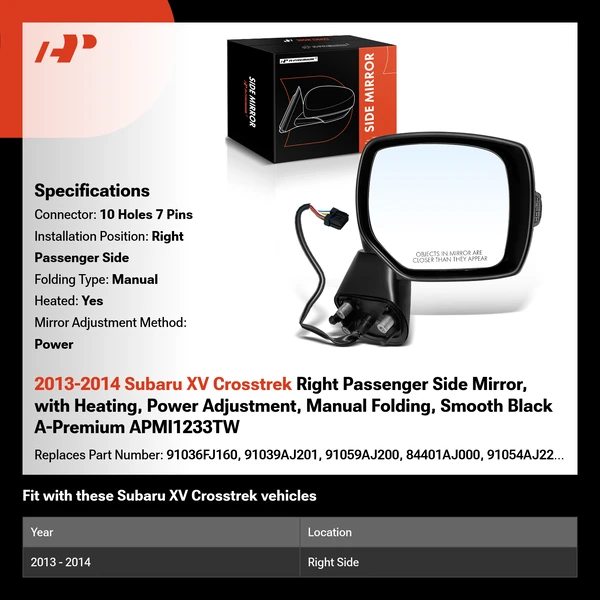 2013-2014 Subaru XV Crosstrek Right Passenger Side Mirror, with Heating, Power Adjustment, Manual Folding, Smooth Black A-Premium APMI1233TW