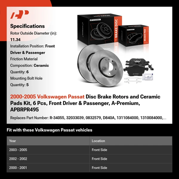 2000-2005 Volkswagen Passat Disc Brake Rotors and Ceramic Pads Kit, 6 Pcs, Front Driver & Passenger, A-Premium, APBRPR495