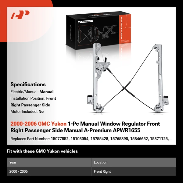 2000-2006 GMC Yukon 1-Pc Manual Window Regulator Front Right Passenger Side Manual A-Premium APWR1655