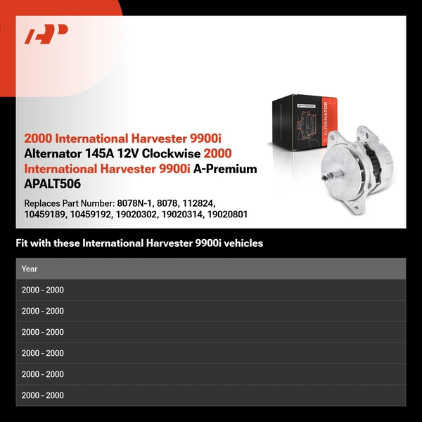 2000 International Harvester 9900i Alternator 145A 12V Clockwise 2000 International Harvester 9900i A-Premium APALT506