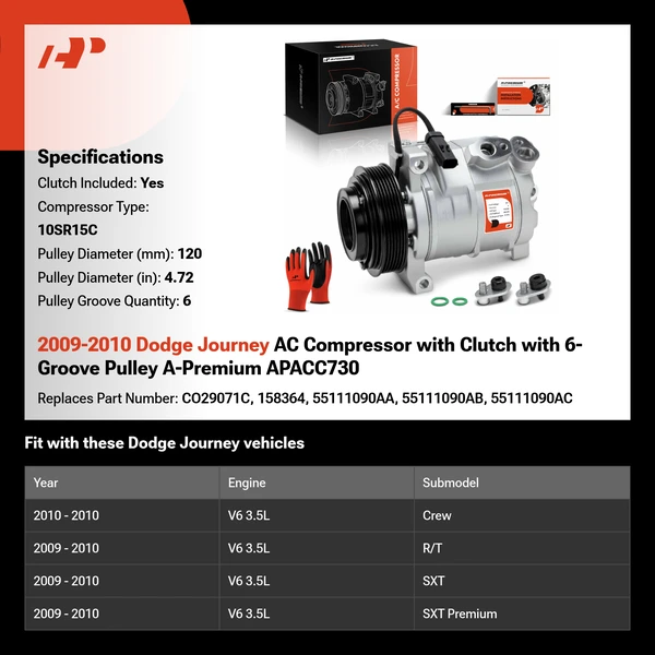 2009-2010 Dodge Journey AC Compressor with Clutch with 6-Groove Pulley A-Premium APACC730