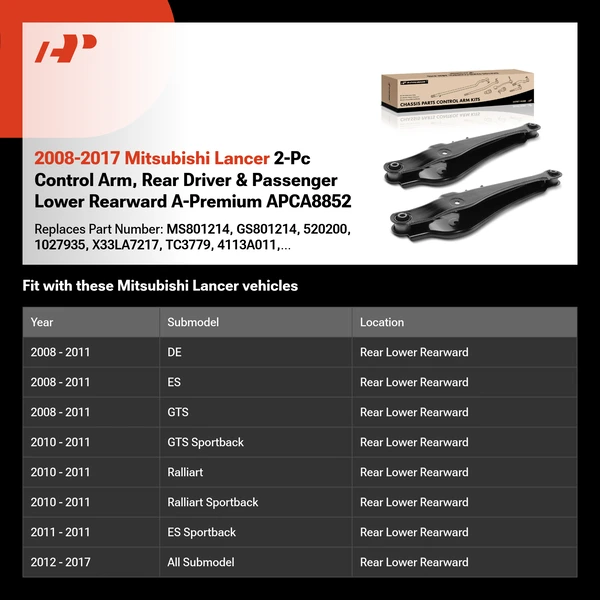 2008-2017 Mitsubishi Lancer 2-Pc Control Arm, Rear Driver & Passenger Lower Rearward A-Premium APCA8852