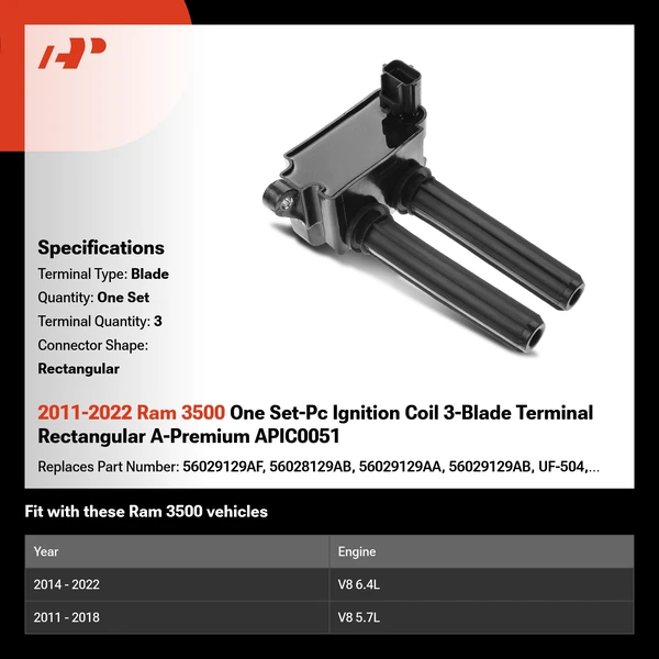 2011-2022 Ram 3500 One Set-Pc Ignition Coil 3-Blade Terminal Rectangular A-Premium APIC0051