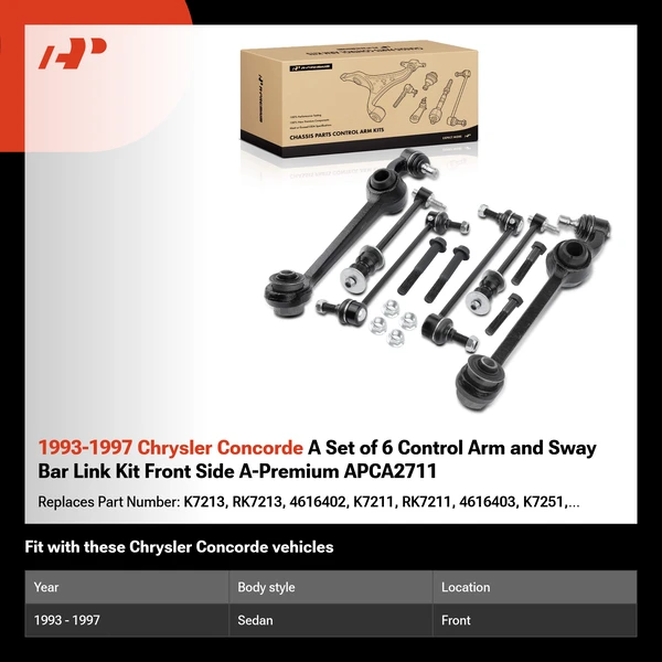 1993-1997 Chrysler Concorde A Set of 6 Control Arm and Sway Bar Link Kit Front Side A-Premium APCA2711