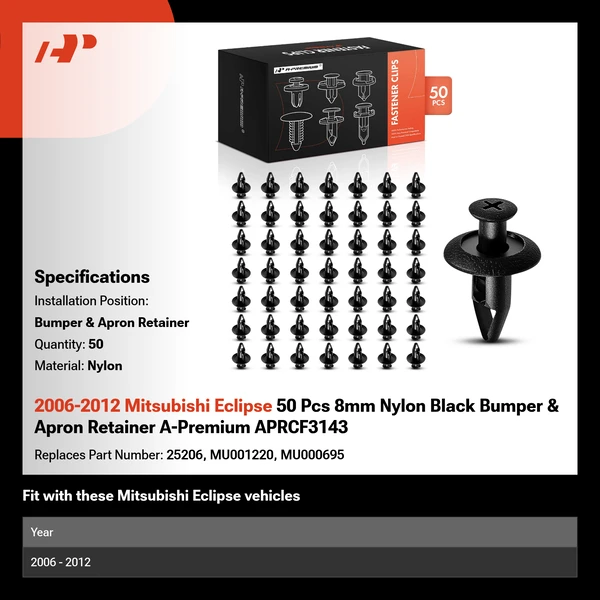 2006-2012 Mitsubishi Eclipse 50 Pcs 8mm Nylon Black Bumper & Apron Retainer A-Premium APRCF3143