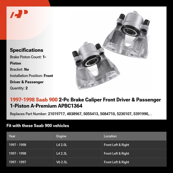 1997-1998 Saab 900 2-Pc Brake Caliper Front Driver & Passenger 1-Piston A-Premium APBC1364