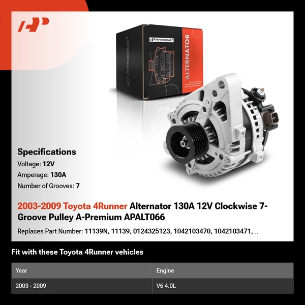 2003-2009 Toyota 4Runner Alternator 130A 12V Clockwise 7-Groove Pulley A-Premium APALT066