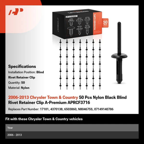 2006-2013 Chrysler Town & Country 50 Pcs Nylon Black Blind Rivet Retainer Clip A-Premium APRCF3716