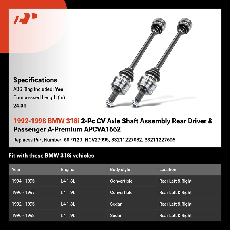 1992-1998 BMW 318i 2-Pc CV Axle Shaft Assembly Rear Driver & Passenger A-Premium APCVA1662