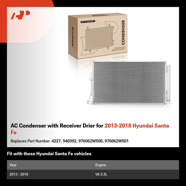 AC Condenser with Receiver Drier for 2013-2018 Hyundai Santa Fe