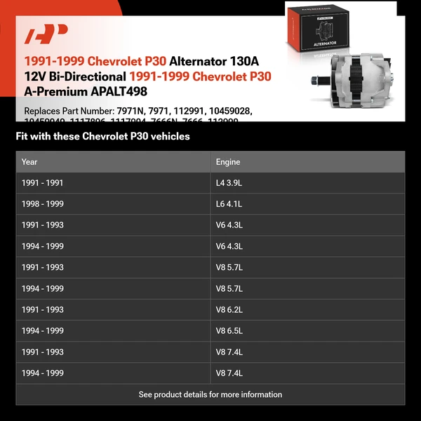 1991-1999 Chevrolet P30 Alternator 130A 12V Bi-Directional 1991-1999 Chevrolet P30 A-Premium APALT498