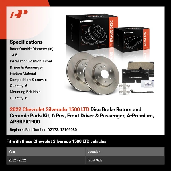 2022 Chevrolet Silverado 1500 LTD Disc Brake Rotors and Ceramic Pads Kit, 6 Pcs, Front Driver & Passenger, A-Premium, APBRPR1900