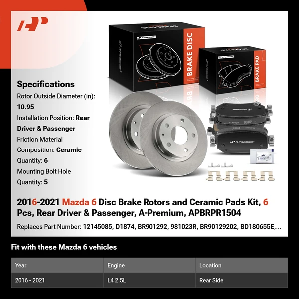 2016-2021 Mazda 6 Disc Brake Rotors and Ceramic Pads Kit, 6 Pcs, Rear Driver & Passenger, A-Premium, APBRPR1504