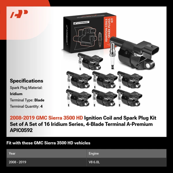 2008-2019 GMC Sierra 3500 HD Ignition Coil and Spark Plug Kit Set of A Set of 16 Iridium Series, 4-Blade Terminal A-Premium APIC0592