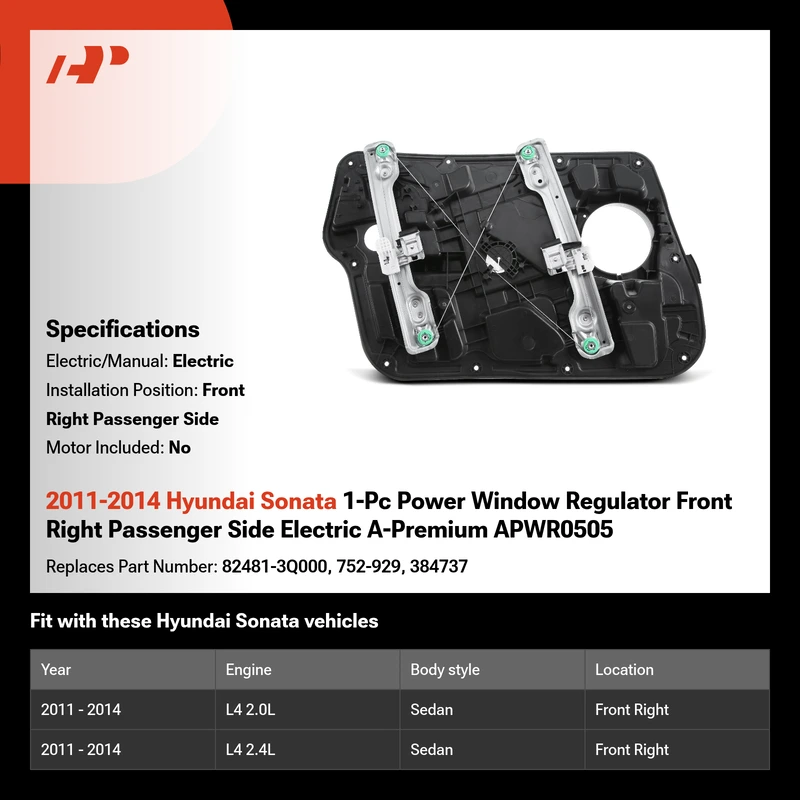 2011-2014 Hyundai Sonata 1-Pc Power Window Regulator Front Right Passenger Side Electric A-Premium APWR0505